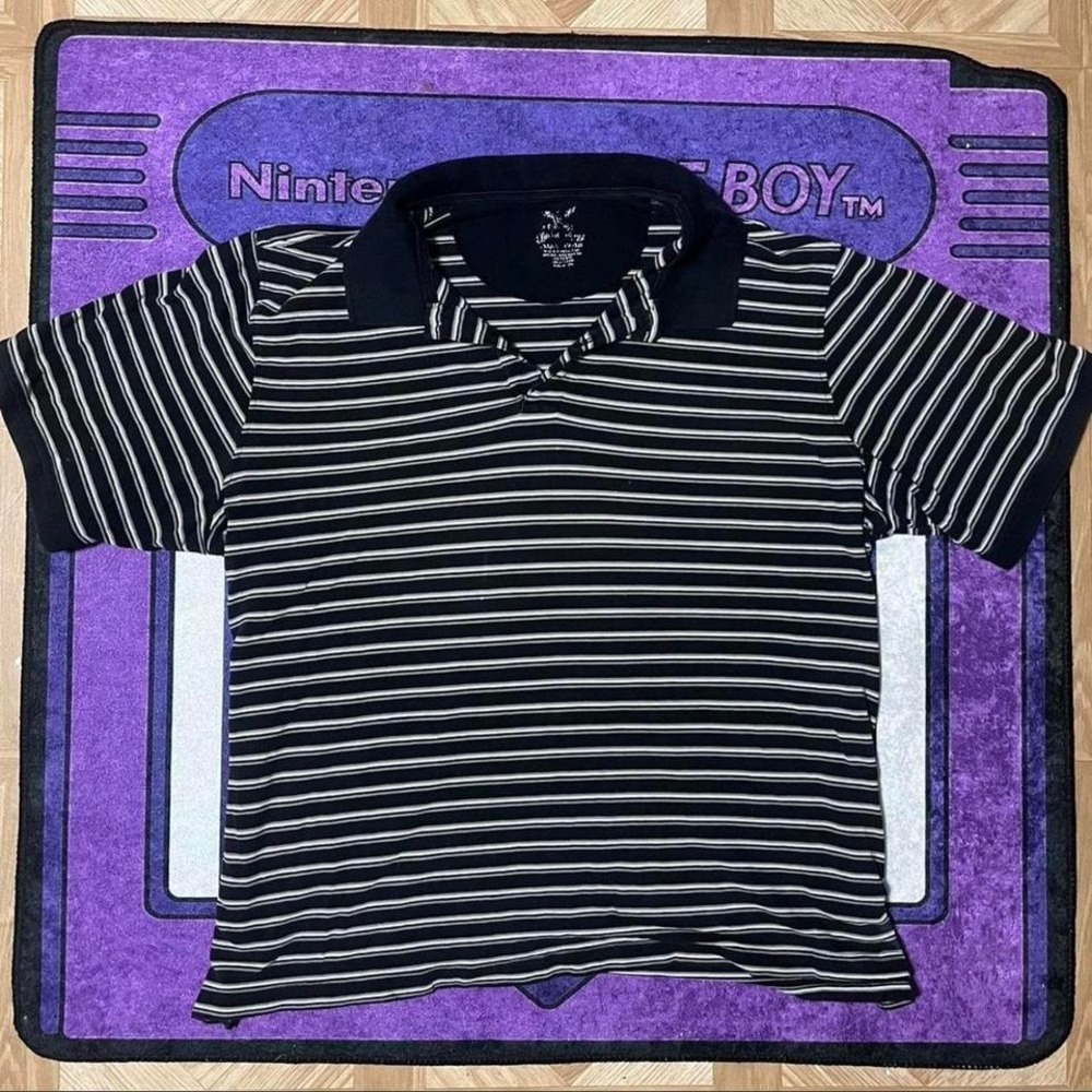 Baggy Large Black & white striped collared vintage polo shirt